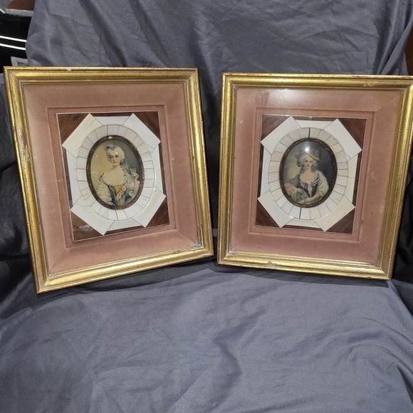 Other - Victorian Portraits Miniature Hand Painted Bakelite Frame Lady Gold Matted Pair